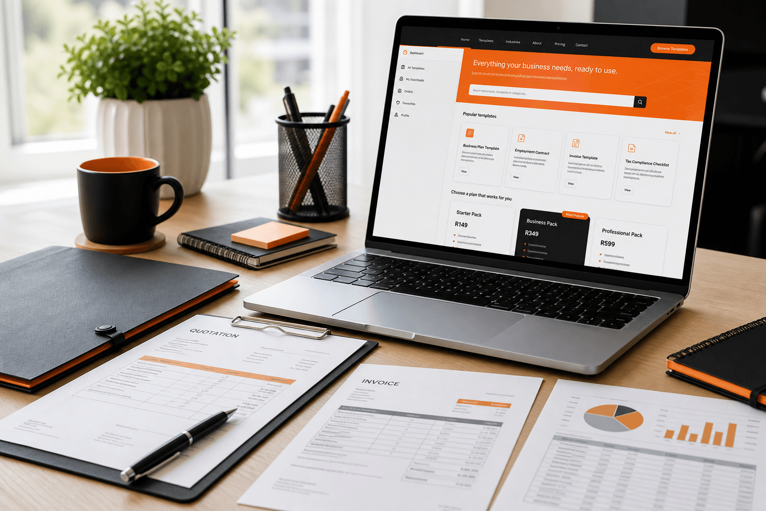 Modern office desk with laptop showing business templates and printed quotation, invoice, and spreadsheet documents
