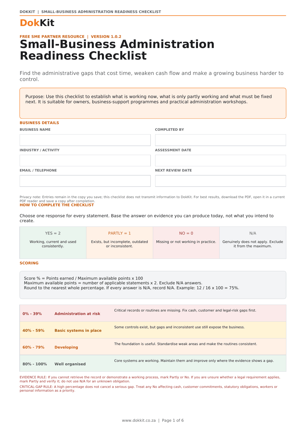 First page of the free DokKit Small-Business Administration Readiness Checklist