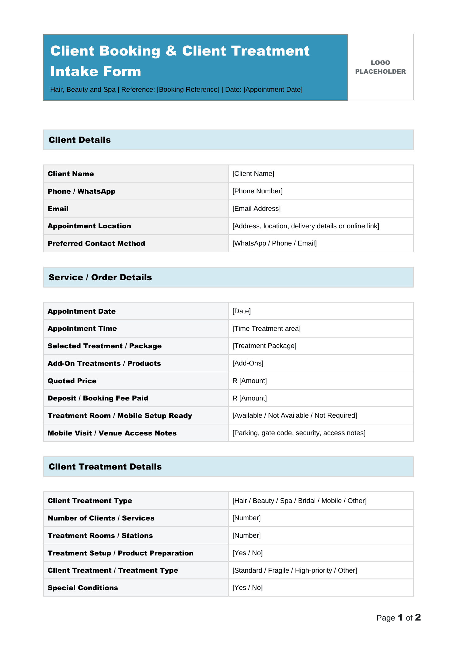 Client Treatment Intake Form document preview for Beauty Salons and Spas