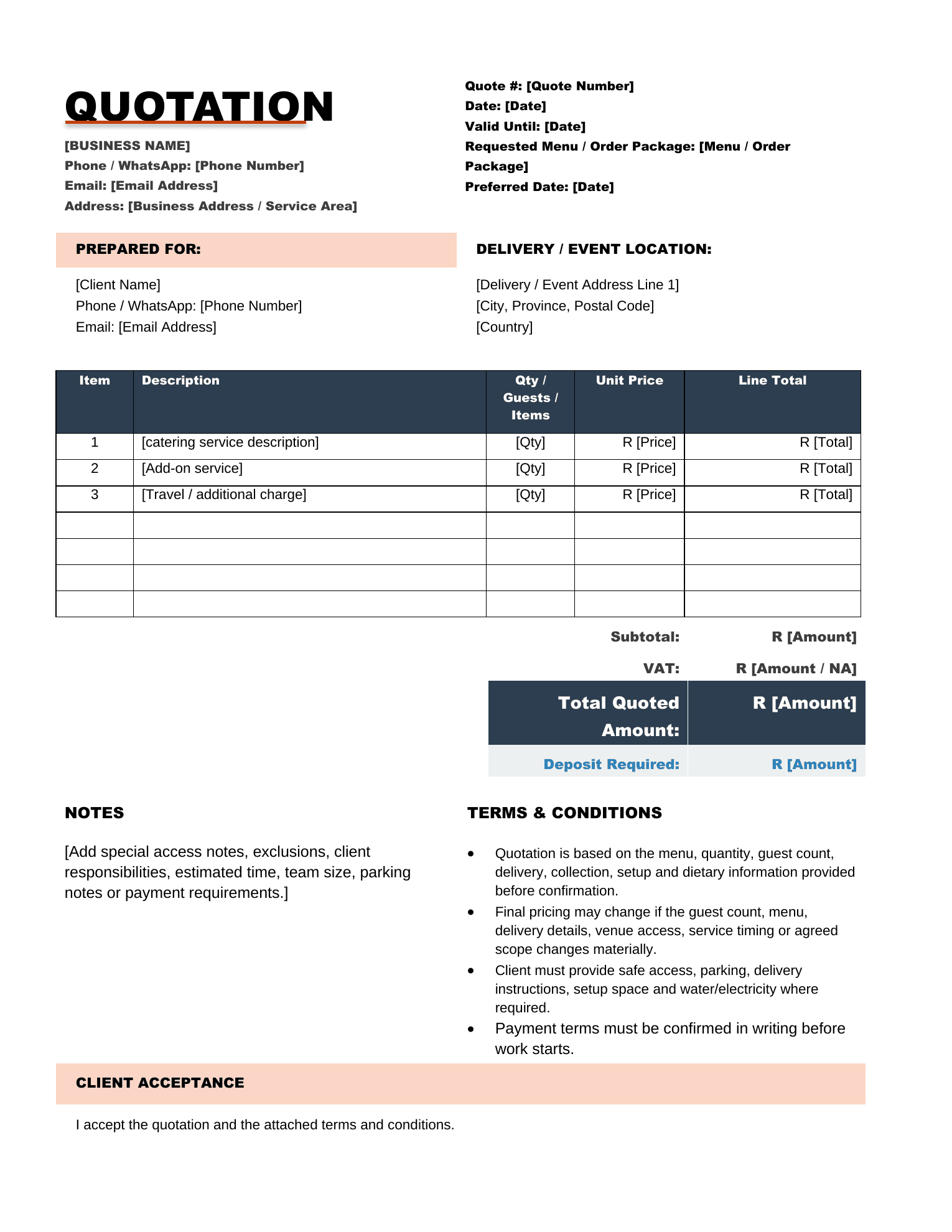 Catering and Baking Quotation document preview for Catering and Baking
