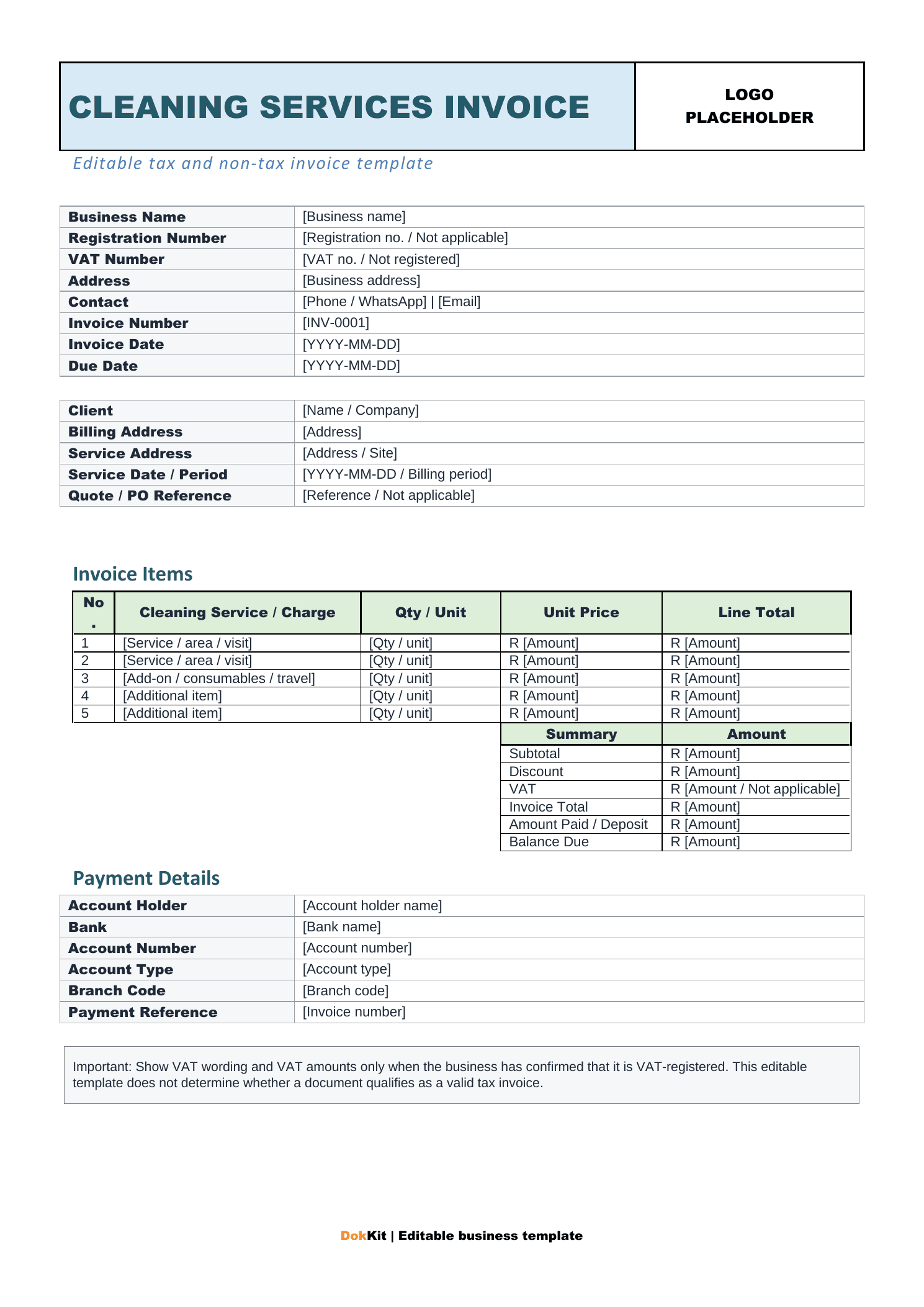 Cleaning Services Invoice document preview for Cleaning Services