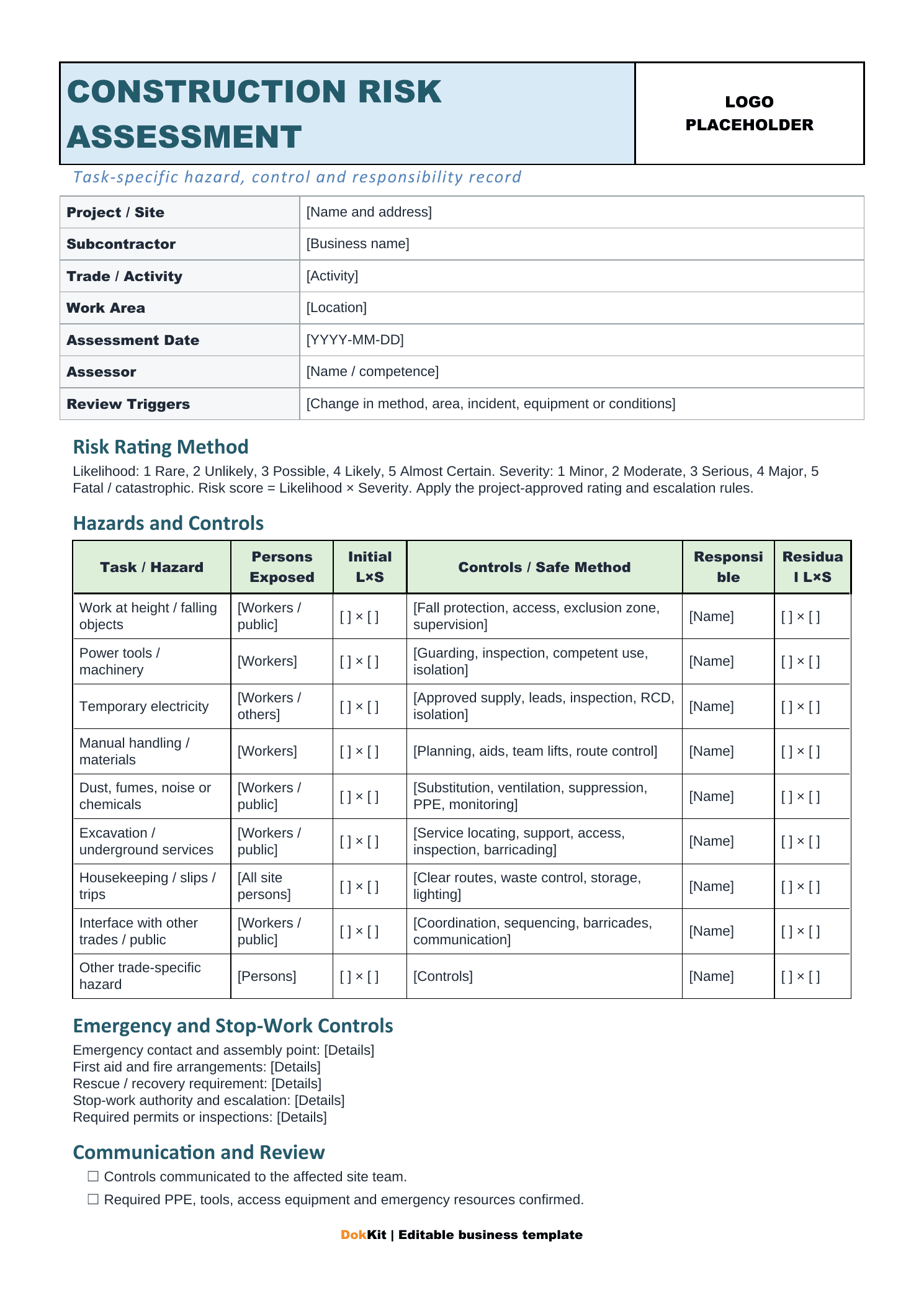 Construction Risk Assessment document preview for Construction Subcontractors