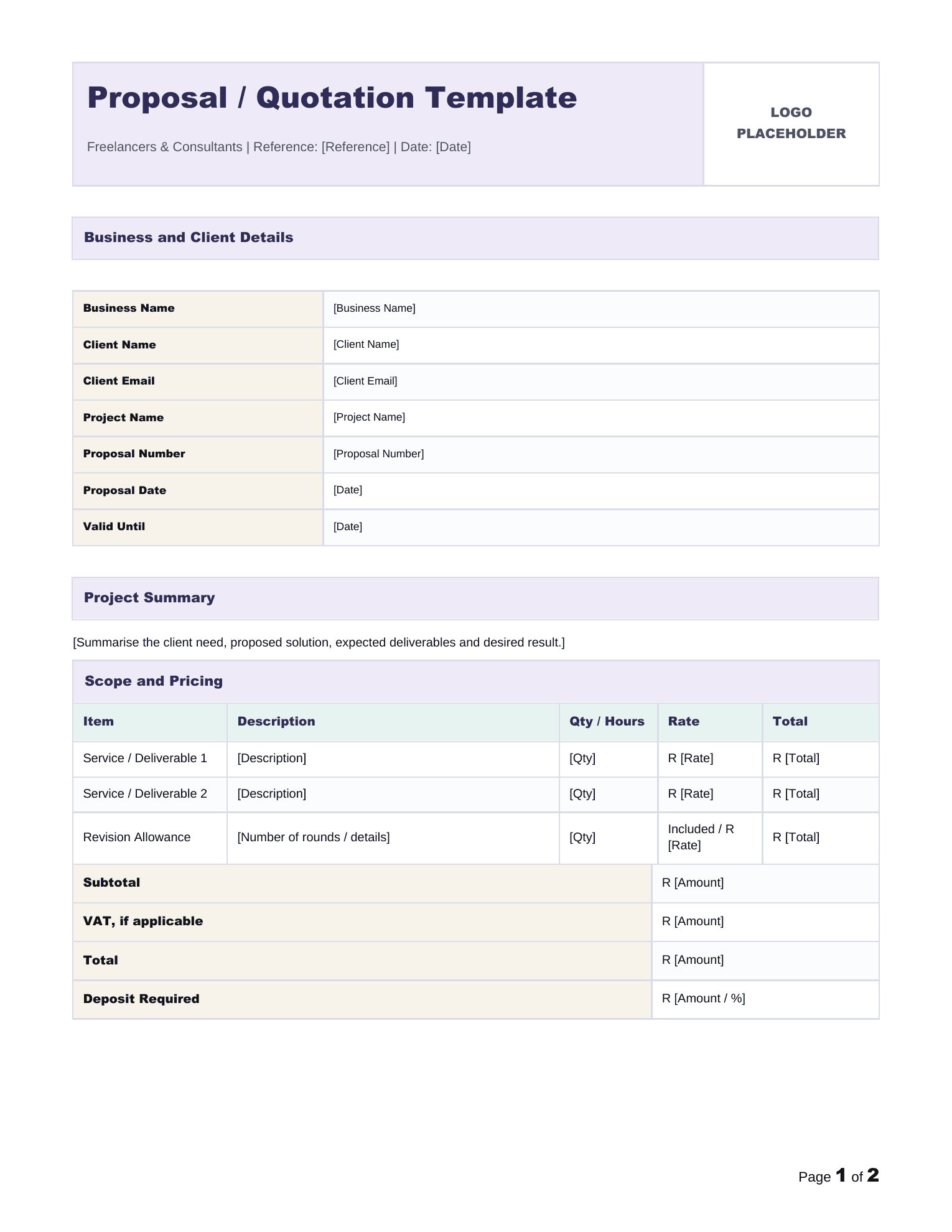 Project Proposal Template document preview for Freelancers and Consultants