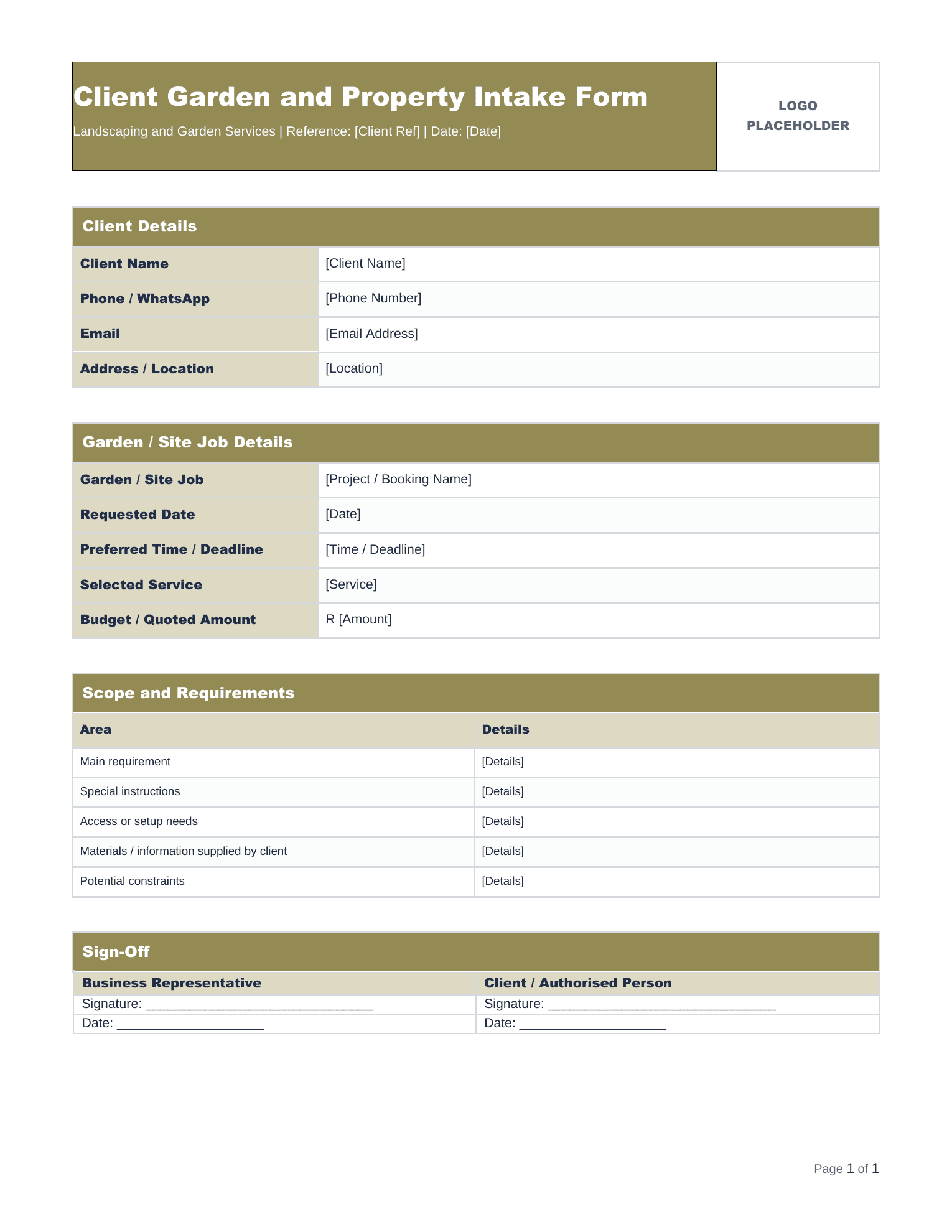 Garden Service Site Intake Form document preview for Landscaping and Garden Services