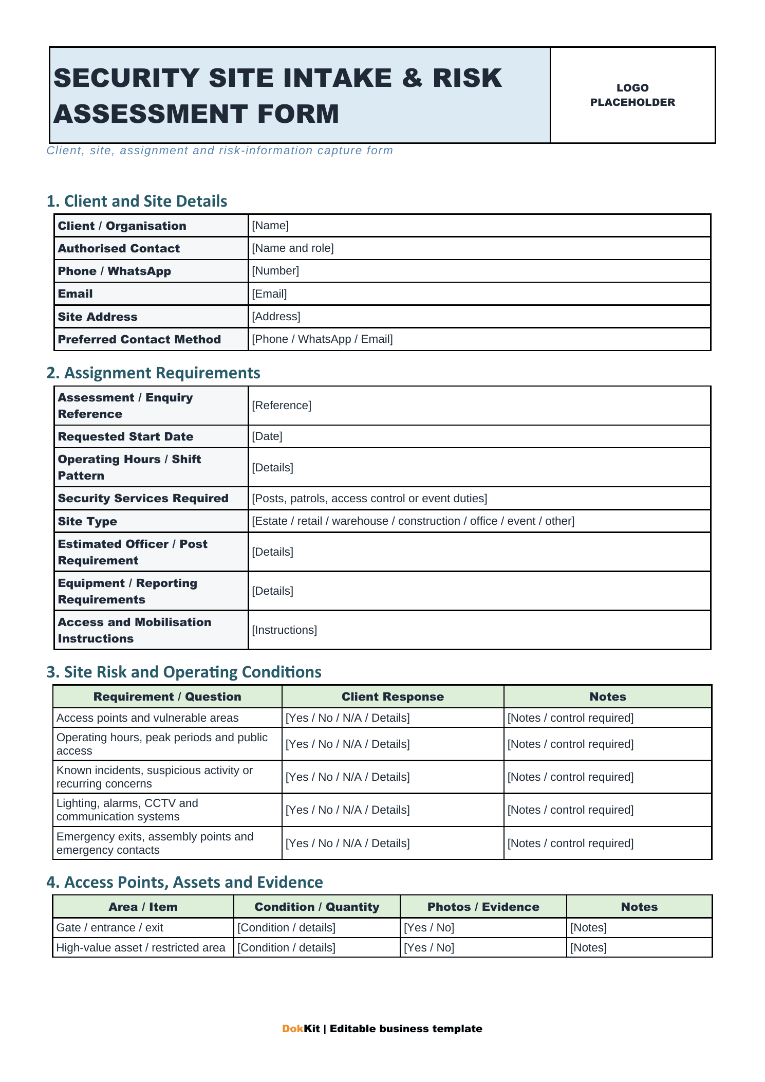 Security Site Risk Assessment document preview for Safety and Security