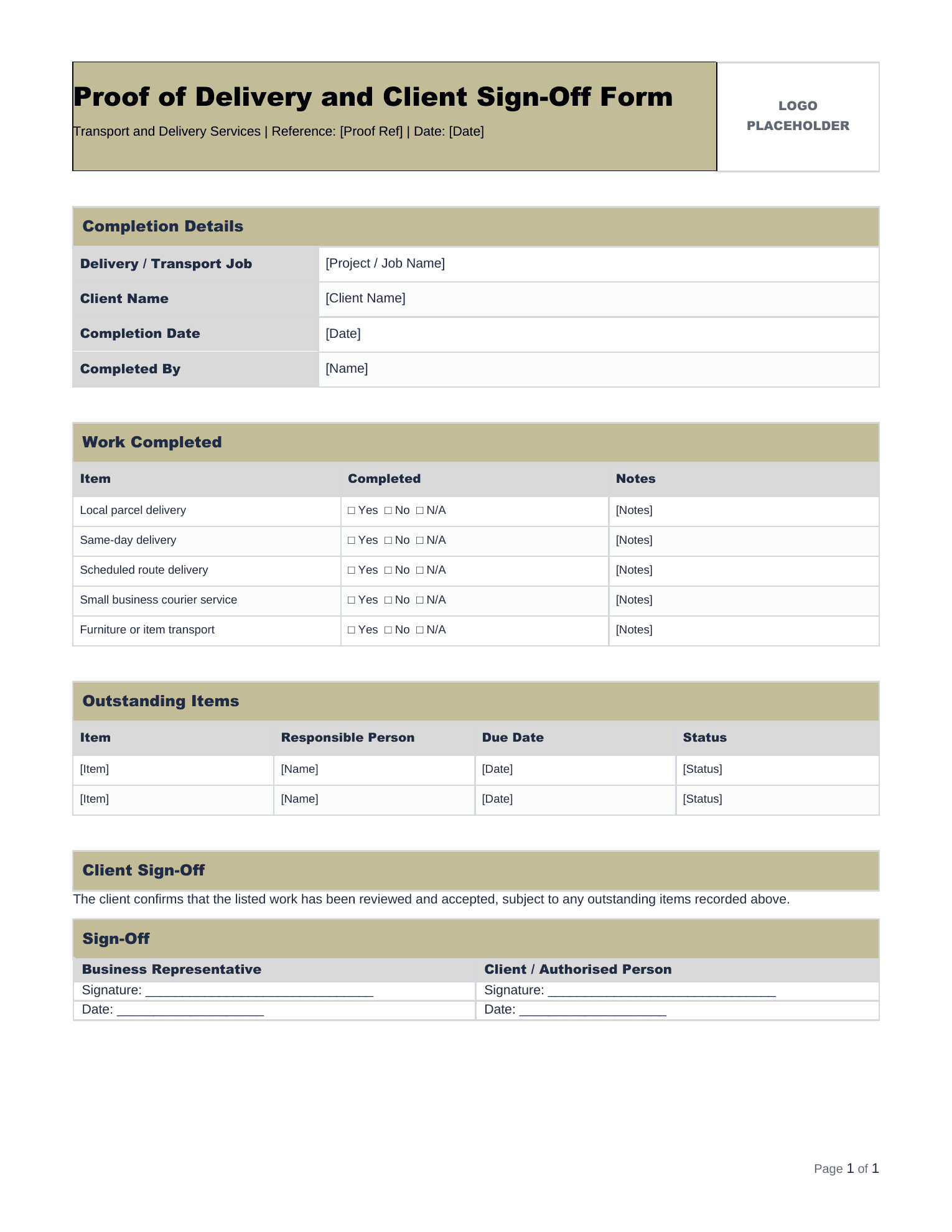 Proof of Delivery and Handover Form document preview for Transport and Delivery Services