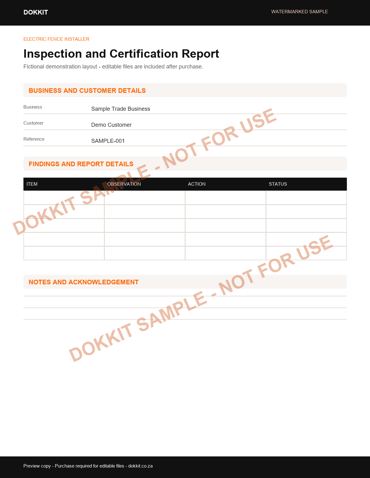 Watermarked sample inspection and certification report layout for the Electric Fence Installer Pack