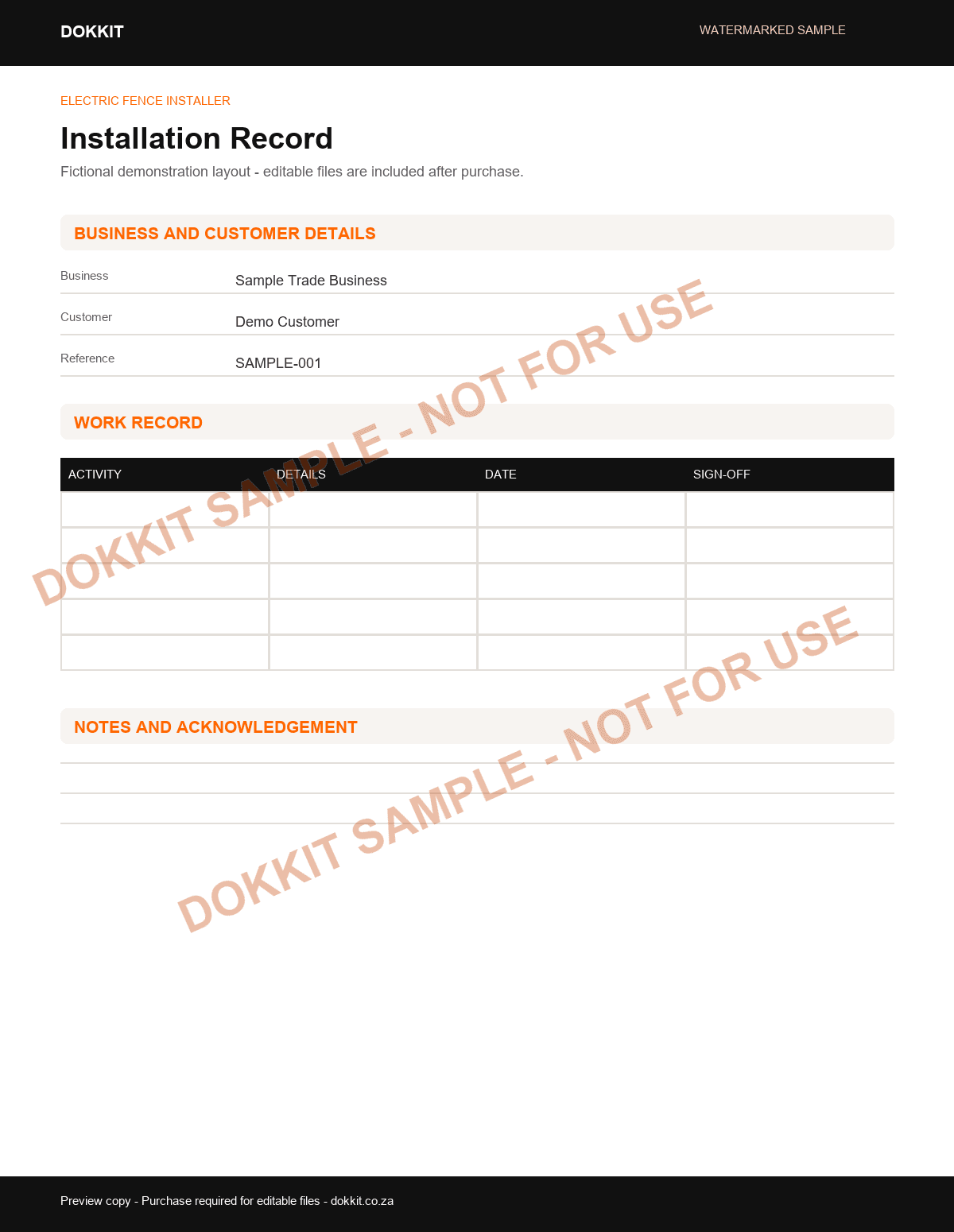 Watermarked sample installation record layout for the Electric Fence Installer Pack