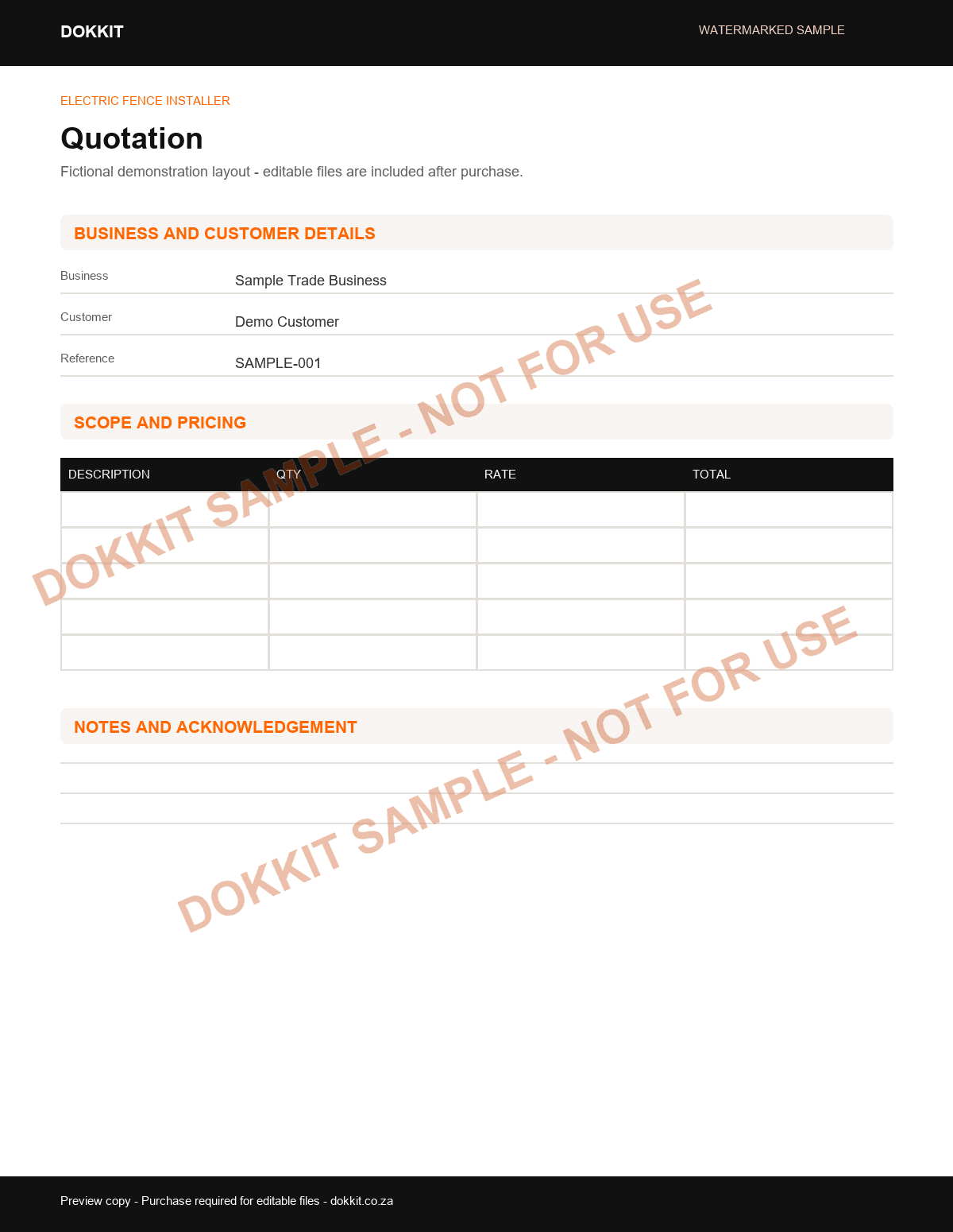 Watermarked sample quotation layout for the Electric Fence Installer Pack