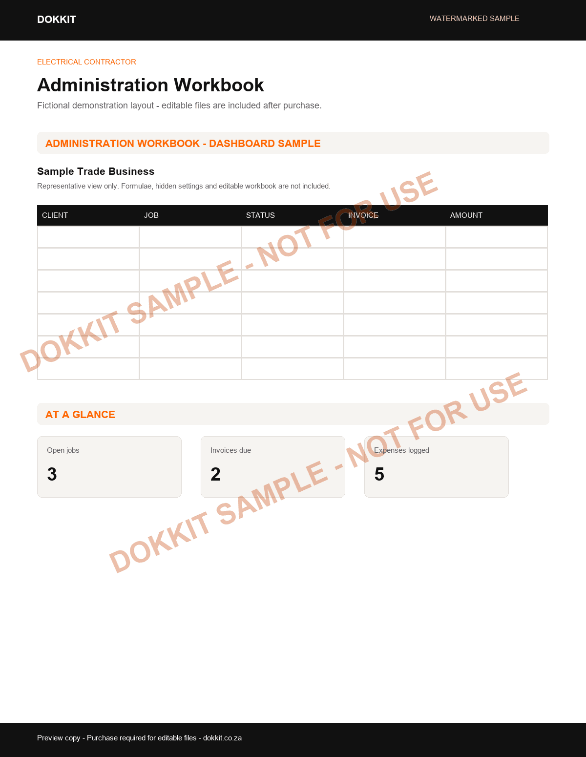Watermarked sample administration workbook layout for the Electrical Contractor Pack