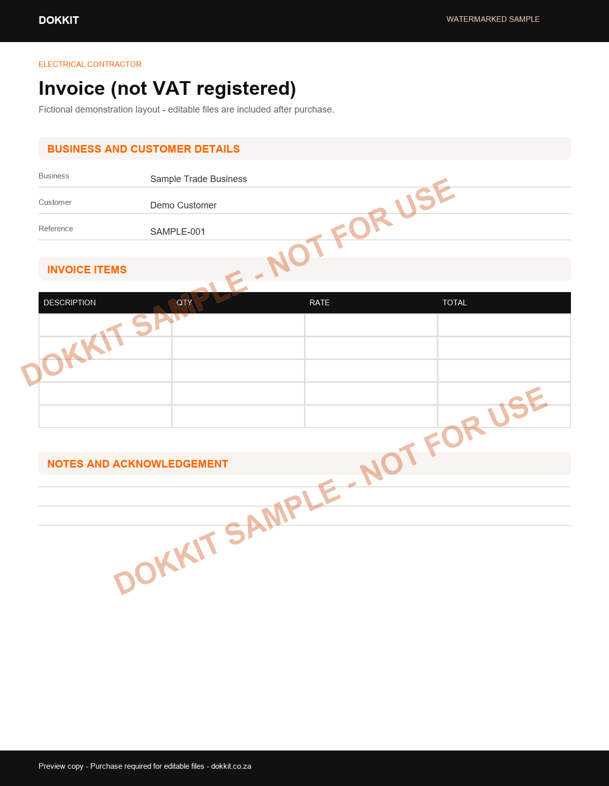 Watermarked sample invoice layout for the Electrical Contractor Pack