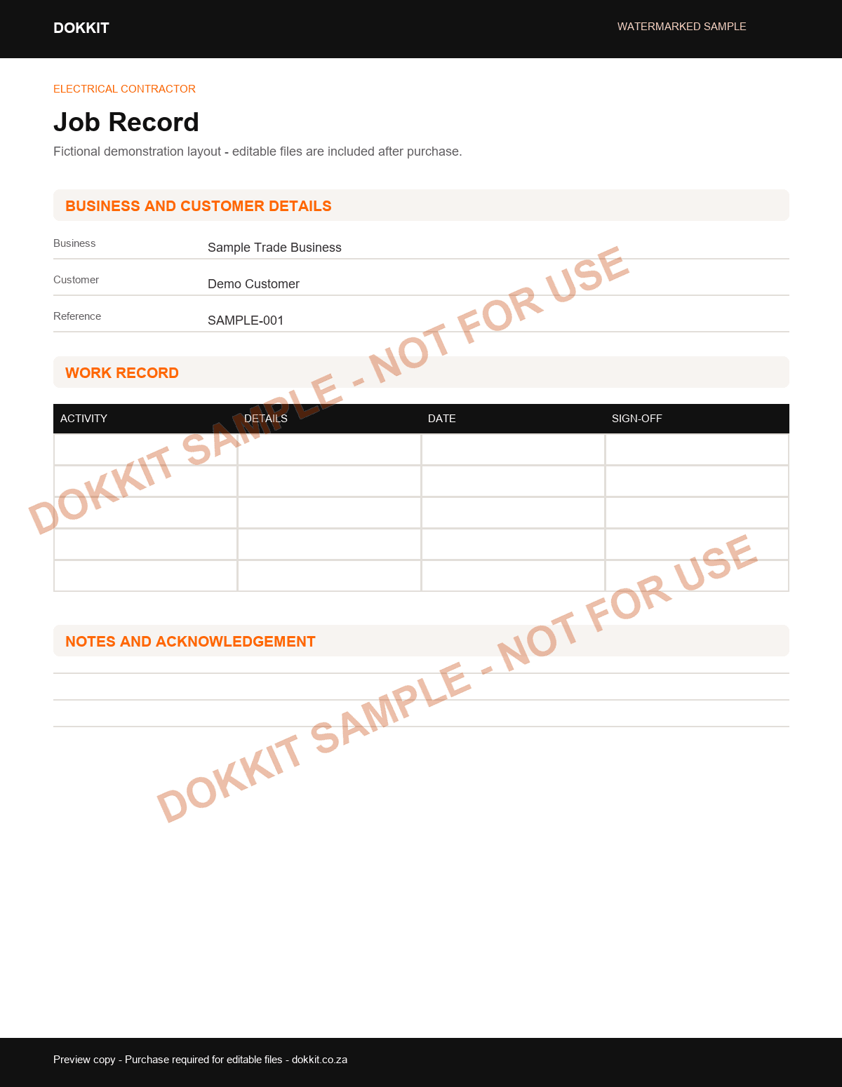 Watermarked sample job record layout for the Electrical Contractor Pack