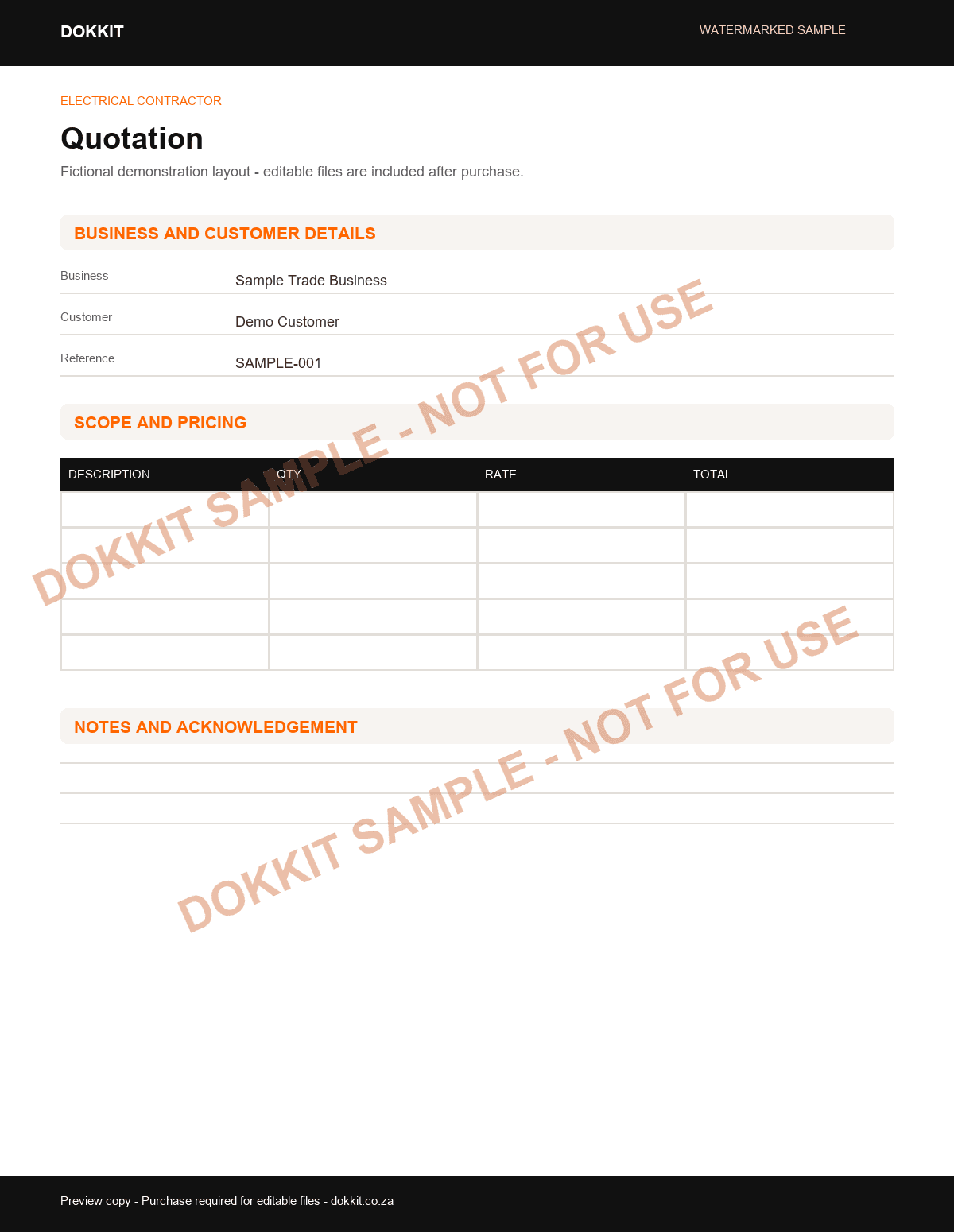 Watermarked sample quotation layout for the Electrical Contractor Pack