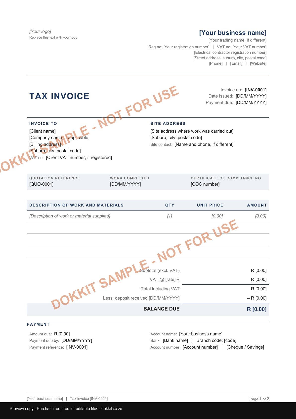 Watermarked sample VAT tax invoice layout for the Electrical Contractor Pack