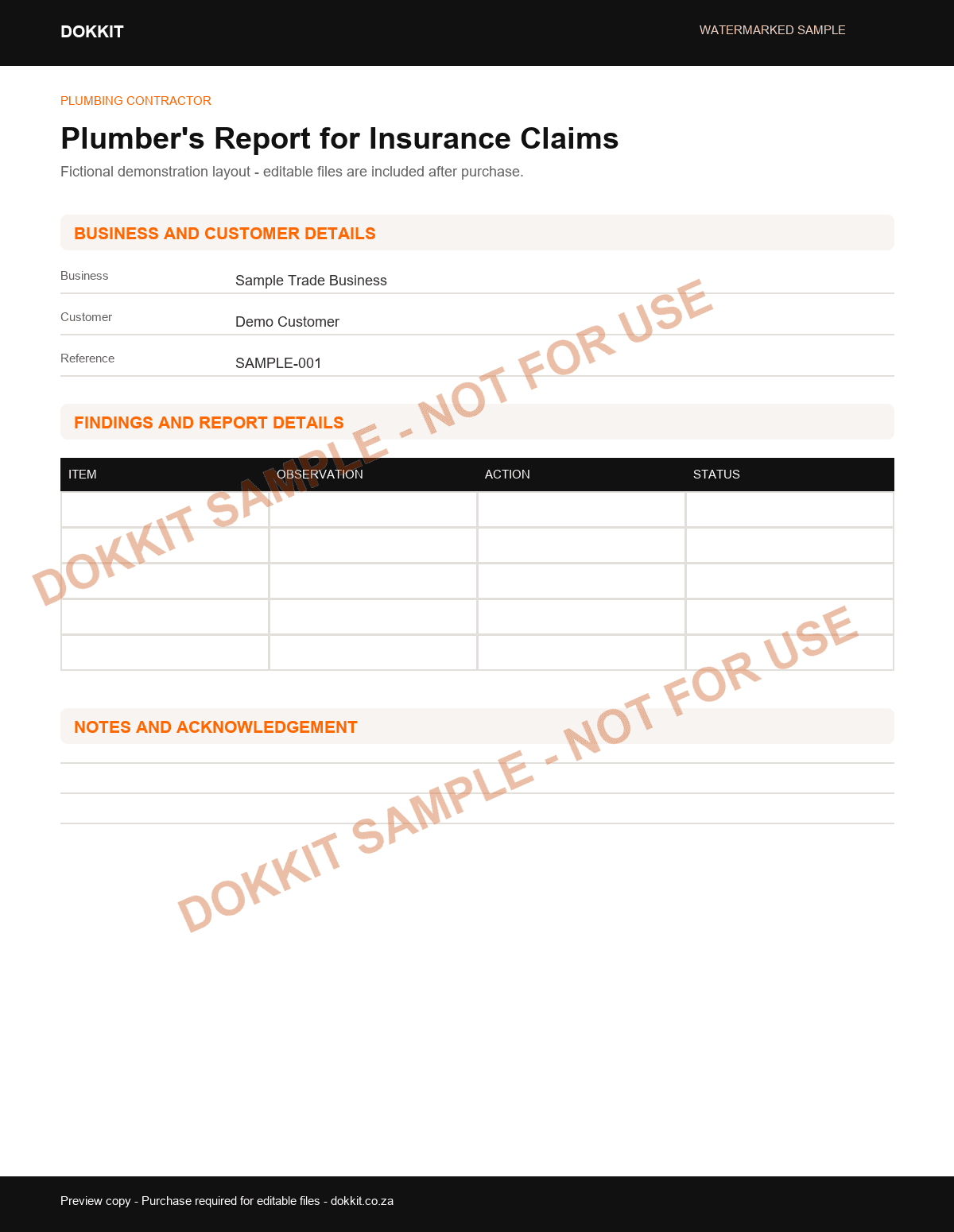 Watermarked sample plumber report layout for the Plumbing Contractor Pack