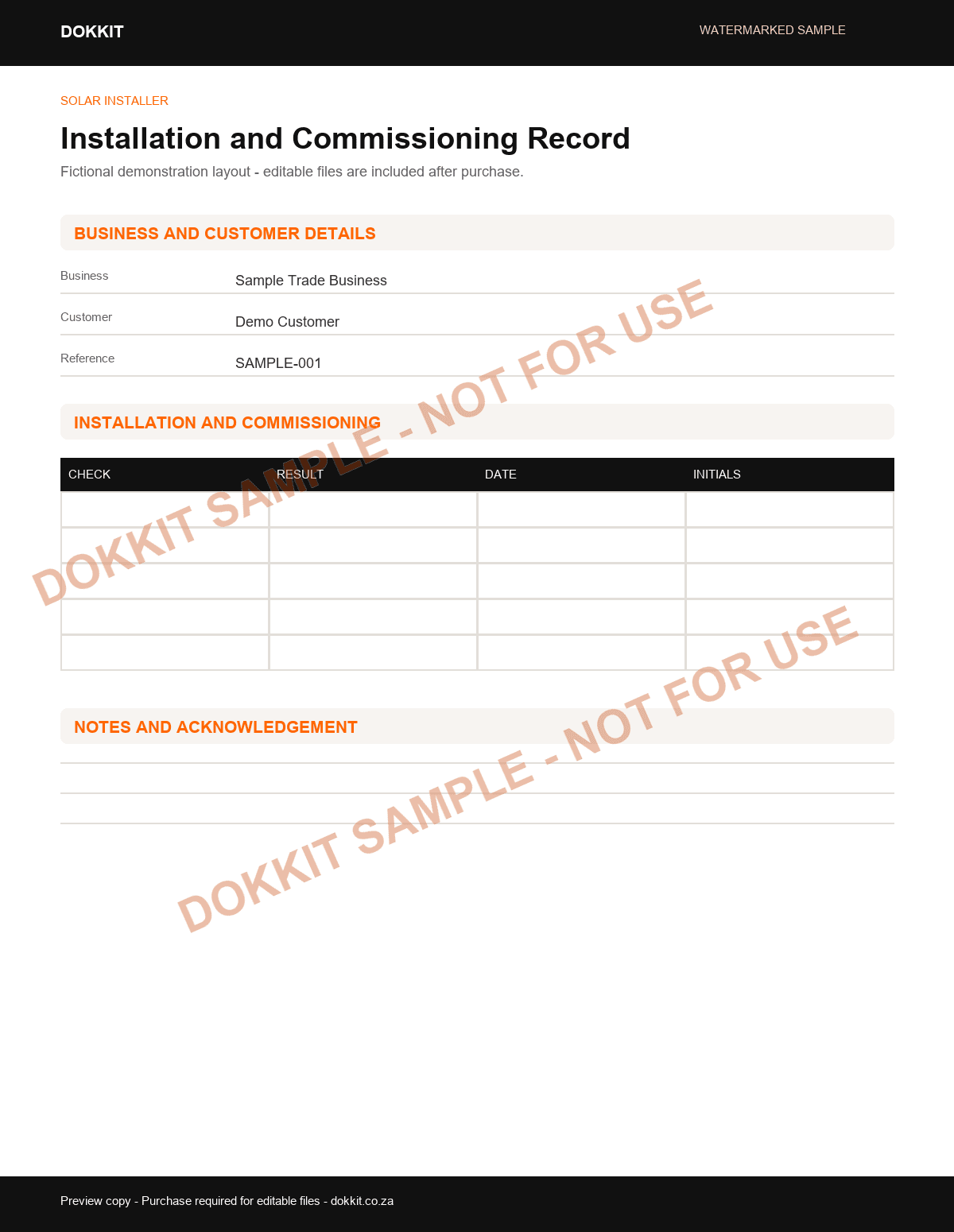 Watermarked sample installation and commissioning record layout for the Solar Installer Pack