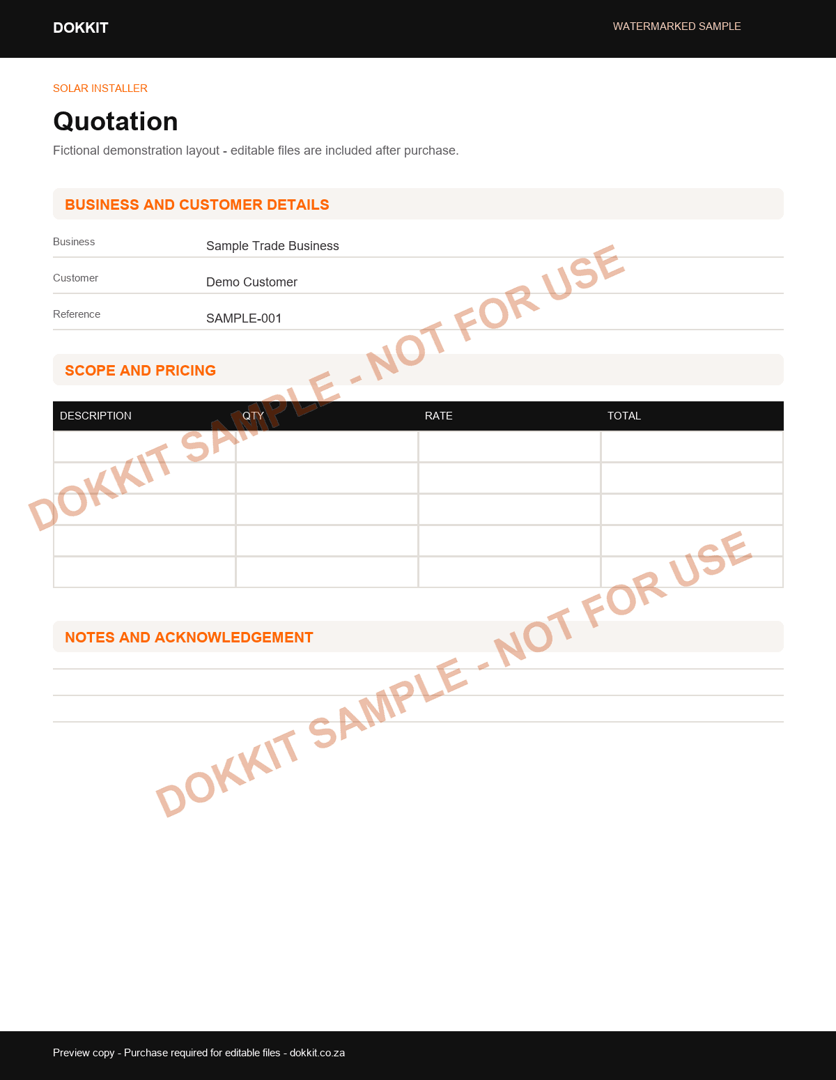Watermarked sample quotation layout for the Solar Installer Pack