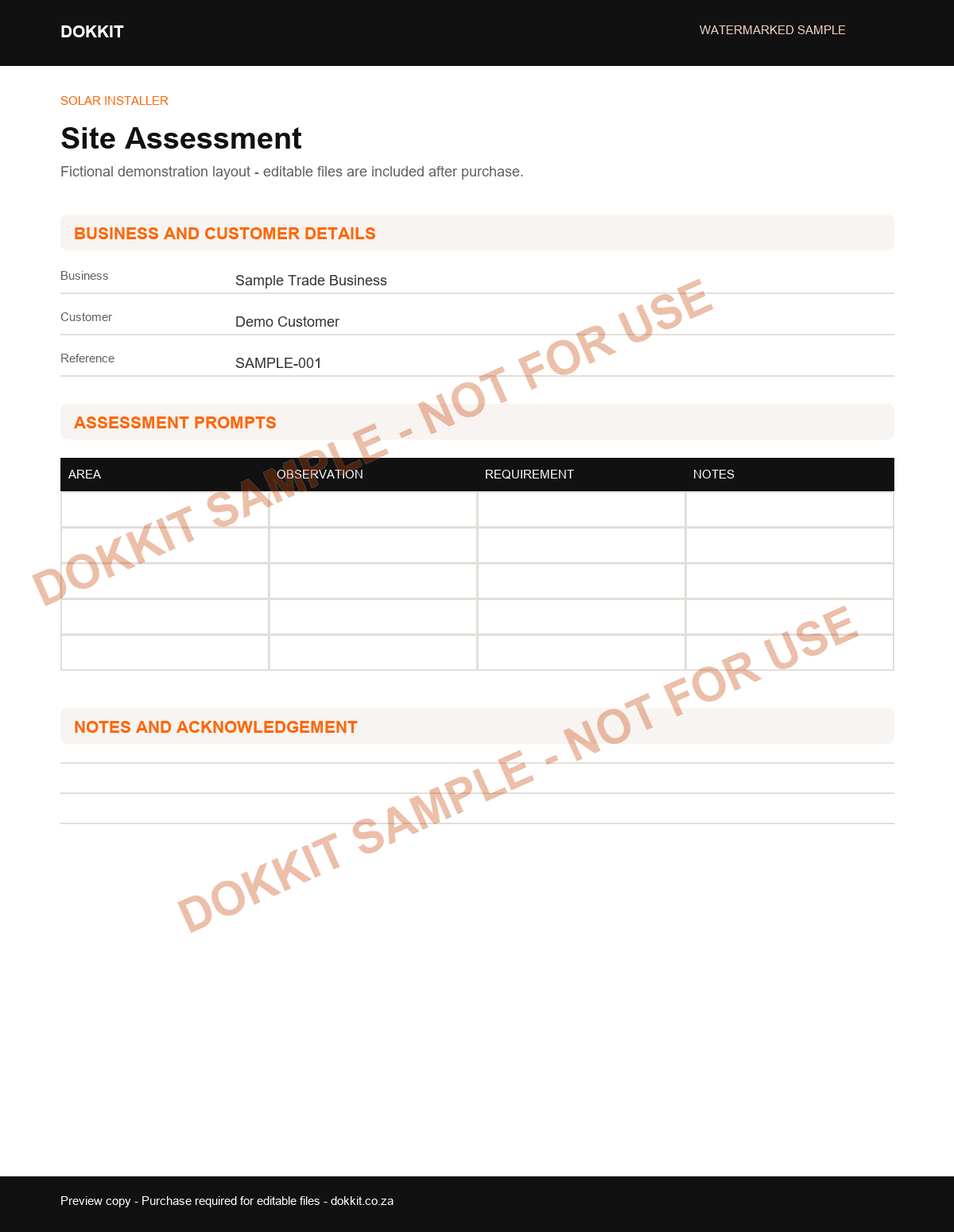 Watermarked sample site assessment layout for the Solar Installer Pack