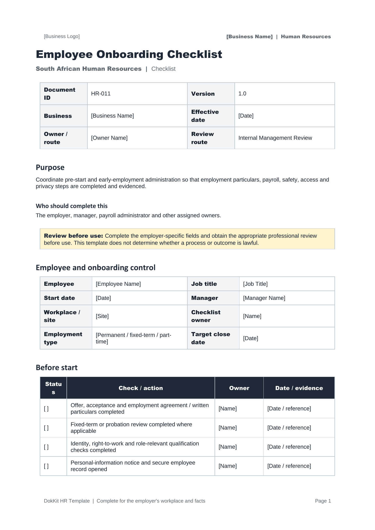 Preview of a DokKit employee onboarding checklist