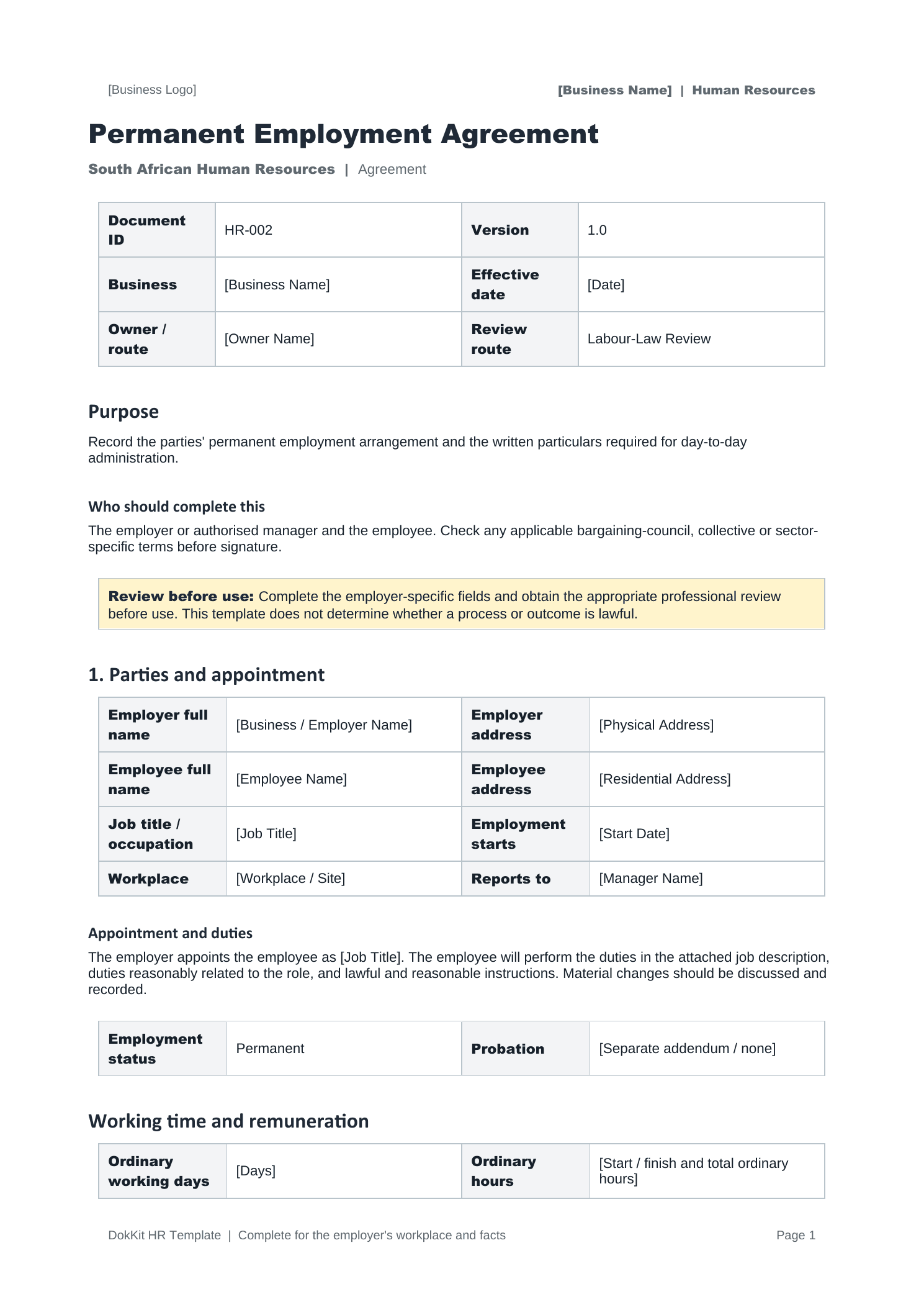 Preview of a DokKit permanent employment agreement template